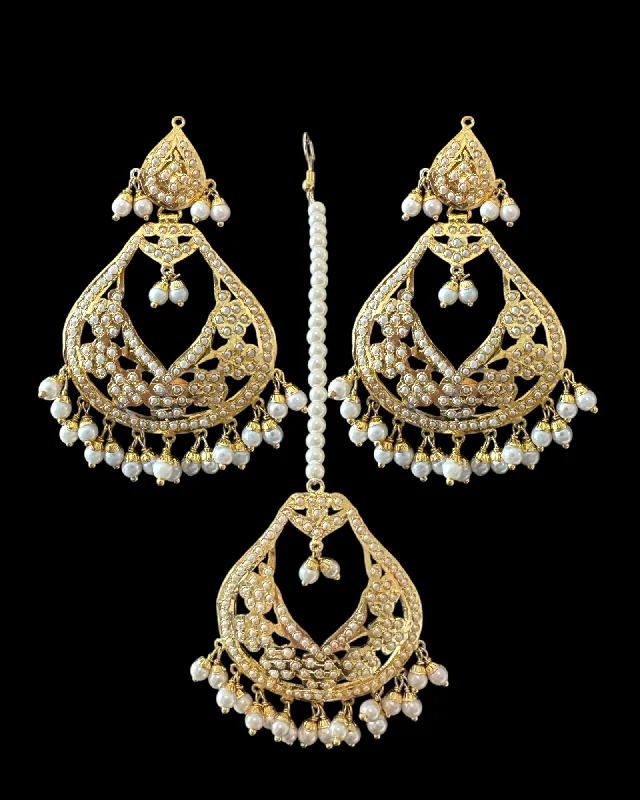 Elegant Wedding Earrings-Jadau chandbali earrings tika in pearls ( READY TO SHIP )