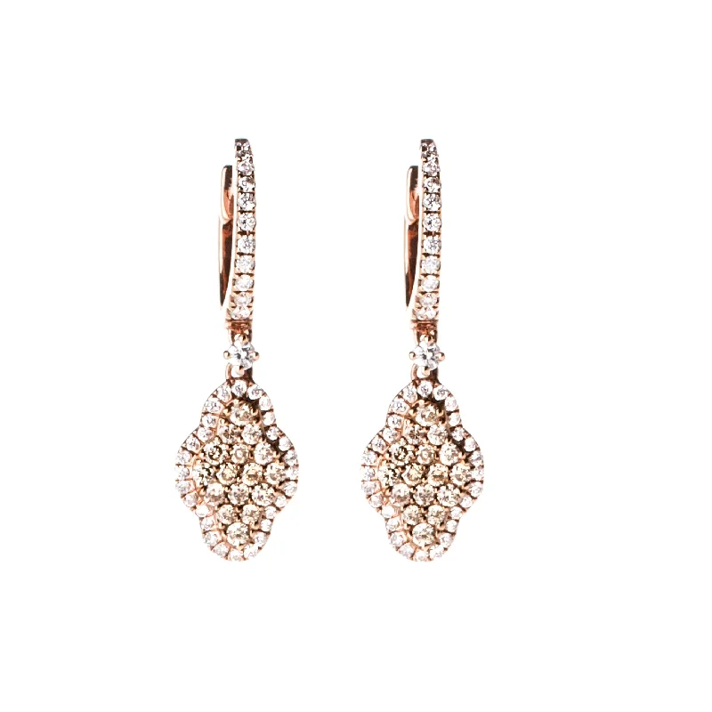 Long Diamond Earrings-Champagne & White Diamond Quatrefoil Earrings