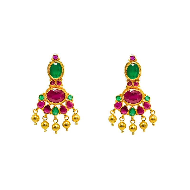 Black Gold Earrings-22K Yellow Gold Earrings W/ Rubies, Emeralds & Petite Chandelier Design