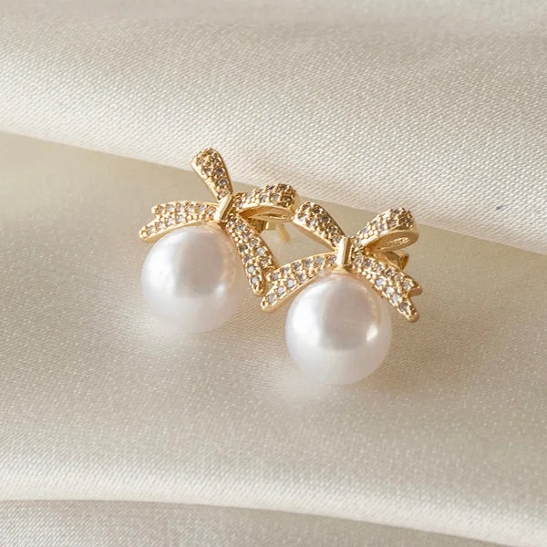 Textured Gold Earrings-Pearl Bow Studs