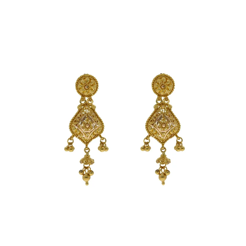 Boho Earrings for Summer-22K Yellow Gold Pendant & Earrings Set W/ Heart Frame, Filigree & Drop Gold Balls