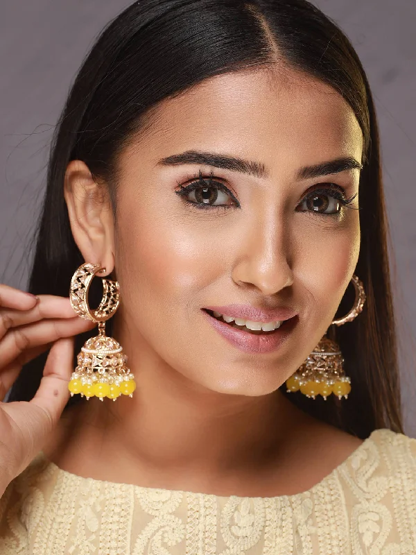 Unique Statement Earrings-Rose-Gold Plated Ad Studded Yellow & White Beaded Jhumka Earrings