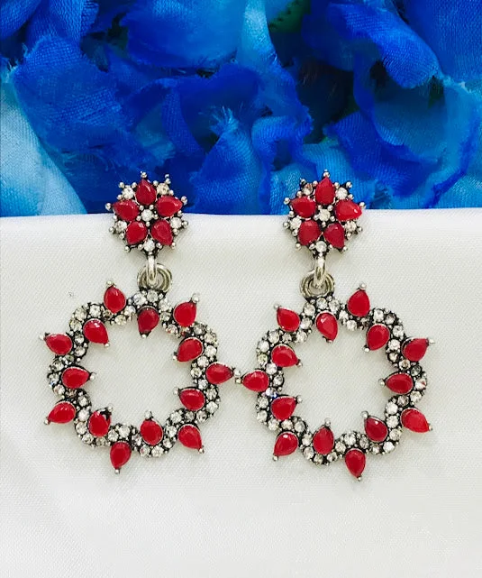 Adjustable Silver Earrings-Beautiful Red Colored Oxidized Earrings For Women