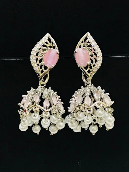 Custom Hoop Earrings-Gorgeous American Diamond Light Pink Colored Jhumka Earrings