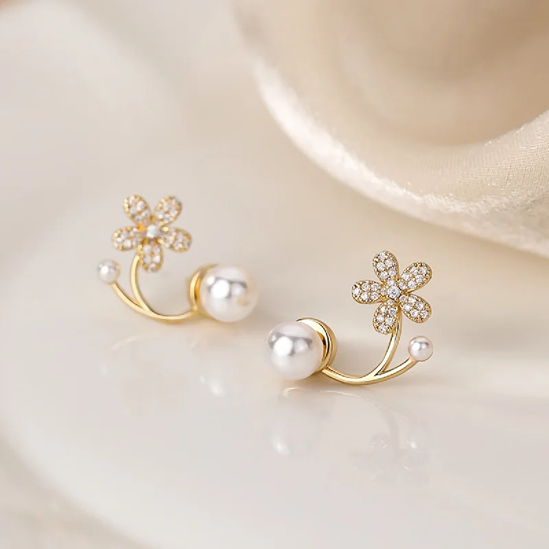 1 Pair Elegant Lady Shiny Petal Plating Inlay Sterling Silver Artificial Pearls Zircon Silver Plated Ear Studs