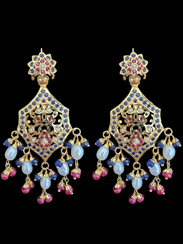 Luxury Gemstone Earrings-Gold plated silver earrings in ruby and sapphire with pearls ( READY TO SHIP)