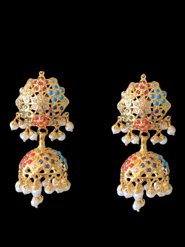 Floral Hoop Earrings-Navratan gold plated silver jhumka earrings ( READY TO SHIP )