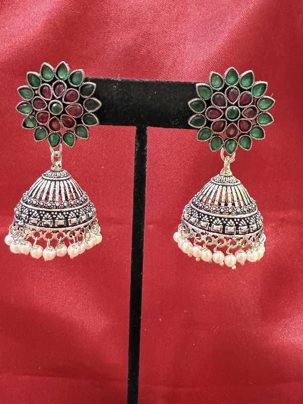 Fashion Earrings for Teenagers-Attractive Beautiful Magenta And Green Color earings Oxidized Pearls Drop Earrings For Women