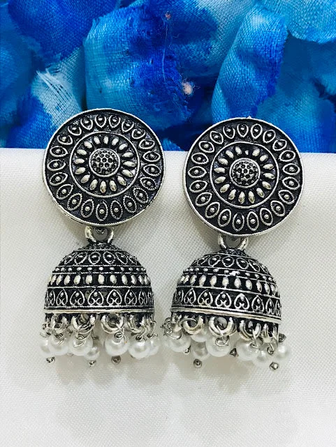 Double Hoop Earrings-Fabulous Silver Color Oxidized Jhumka Earrings For Women