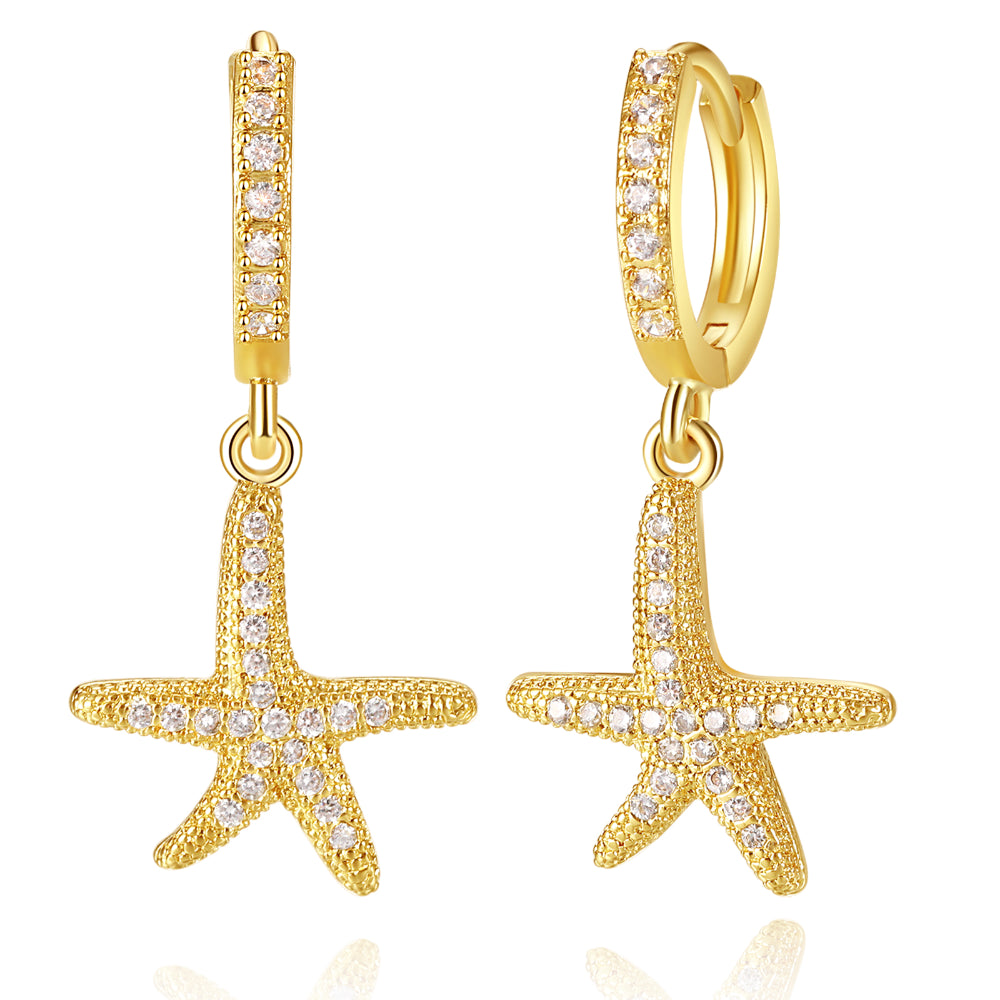 Gold Clip-On Earrings-14K Gold Dangle Drop Hoop Earrings for Women Girls- Starfish