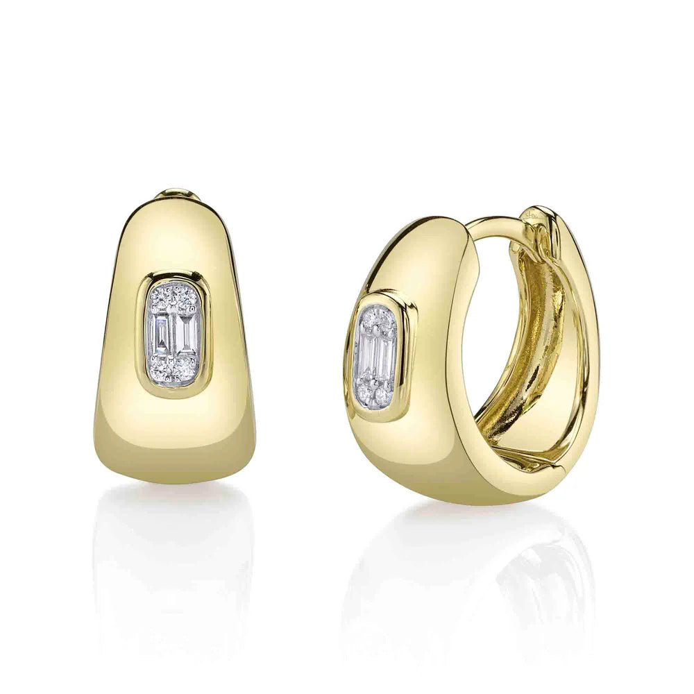 Clear Gemstone Earrings-14K Tapered Thick Huggies With Diamond Baguette Center Earrings