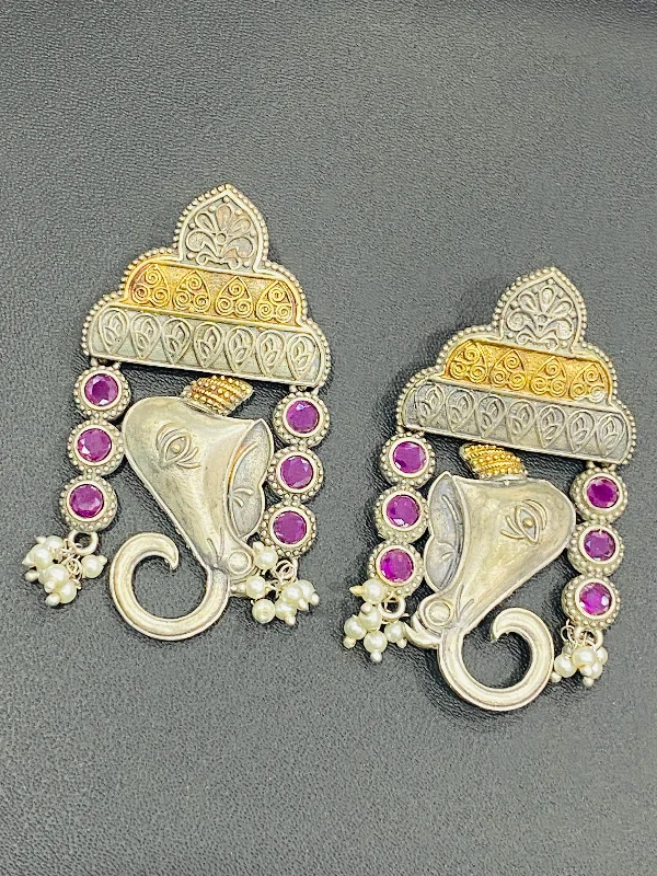 Oversized Hoop Earrings-Classic Silver Plated Stone Beaded Ganesh Designed Earrings With Two Tone Plating For Women