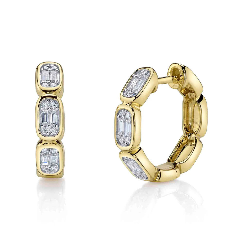 Silver Earrings with Diamonds-14K Diamond Baguette Octagon Huggie Earrings