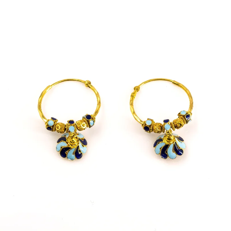 Black Earrings for Women-22K Antique Gold Beaded Hoop Earrings W/ Floral Drop & Enamel