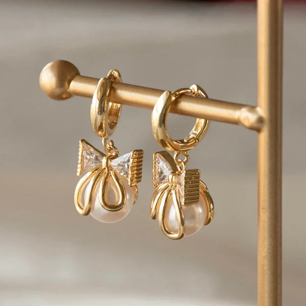 Gold Dangle Earrings-Pearl Bow Crystal Danglers