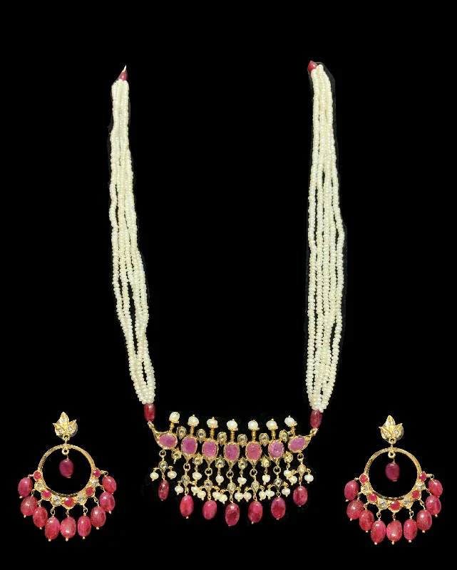 Long Chain Earrings-PS511 Tirmani in Rubies with Freshwater Pearls and Chandbali Earrings – Gold-Plated Lightweight Jewelry( READY TO SHIP )( READY TO SHIP )