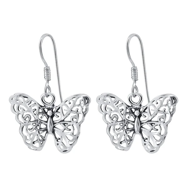 Fancy Gold Earrings-Sterling Silver Butterfly Hanging Earrings