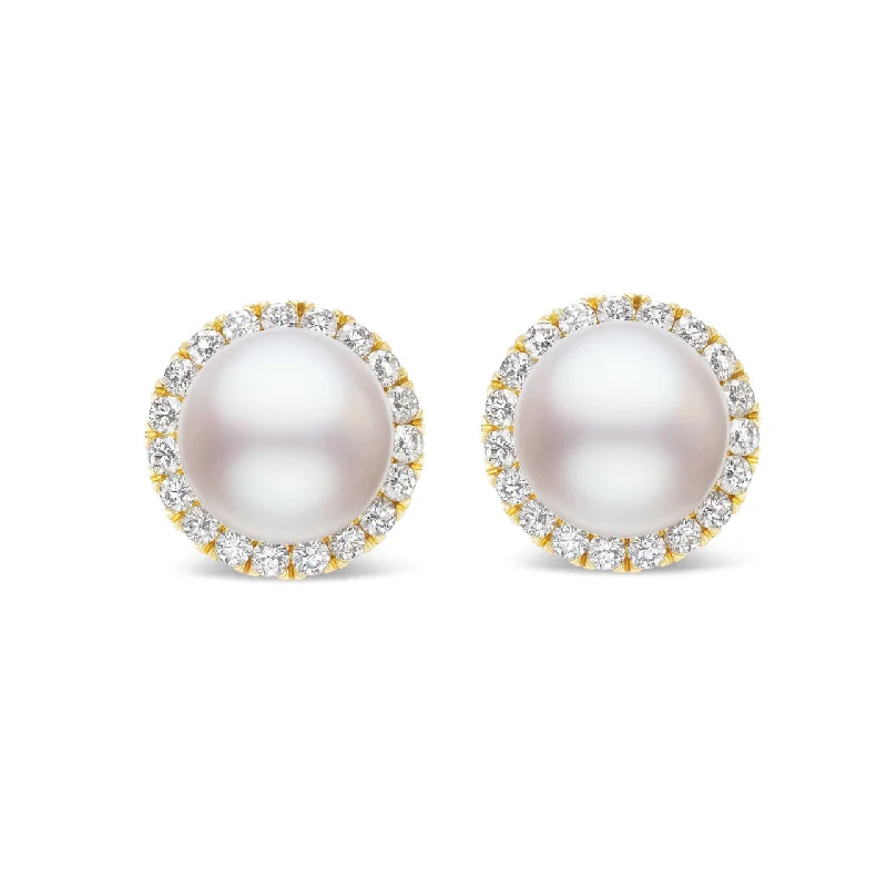 Silver Chain Drop Earrings-PEARL STUD EARRINGS WITH DIAMOND HALO