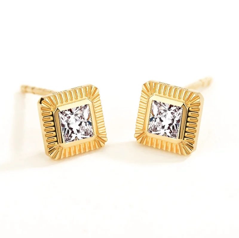 Custom Birthstone Earrings-Unlock Classic - 18K Square Diamond Gold Earring