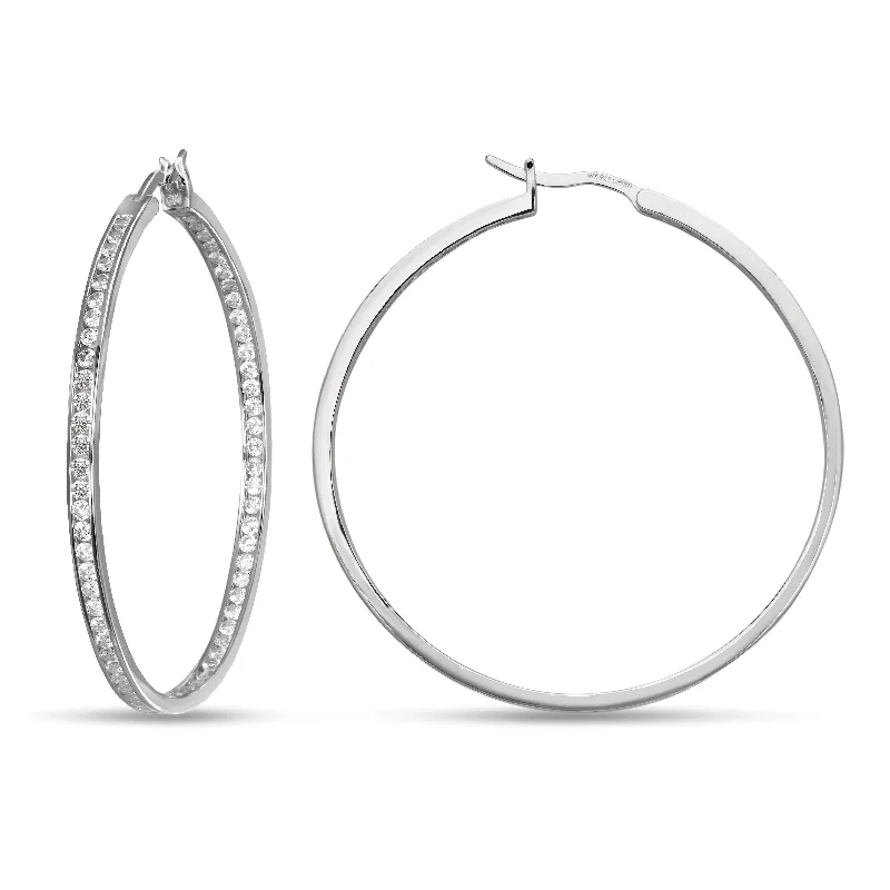 Adjustable Silver Earrings-Channel Set CZ Hoop Earrings .925 Sterling Silver