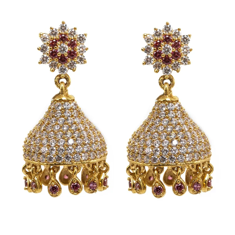 Square Stud Earrings-22K Yellow Gold JhumkiDrop Earrings W/ Rubies, CZ Gems, Crystalized Designs & Cluster Flowers