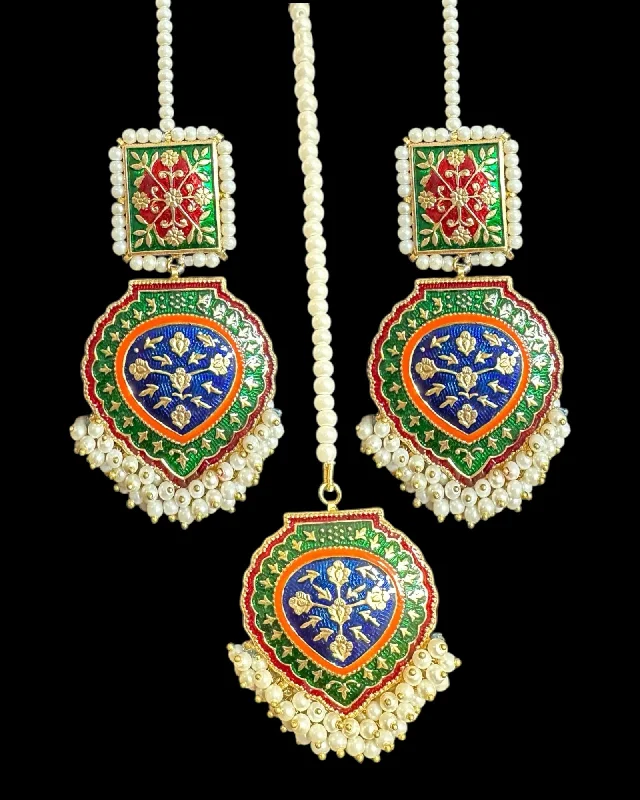 Simple Hoop Earrings-Ulfat meenakari earrings teeka set  (READY TO SHIP )