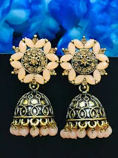 Large Bead Earrings-Gorgeous Antique Gold Earrings With Peach Stone Beads