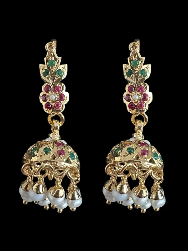 Fancy Gold Earrings-Light weight jhumka earrings in gold plated silver - ruby emerlad ( READY TO SHIP )