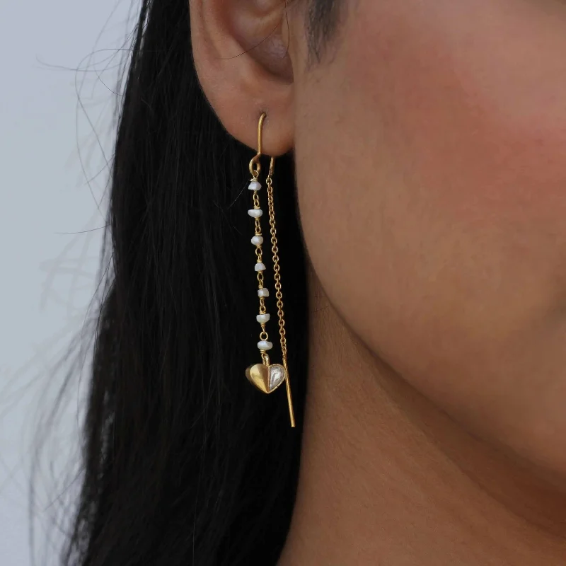 Gold Clip-On Earrings-Silver Heart With Half Stone Chain Earring