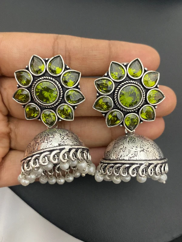 Artistic Metal Earrings-Appealing Green Color Floral Designer Oxidized Earrings For Women