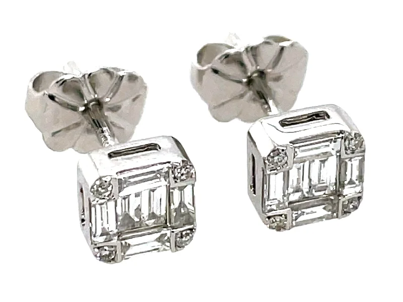 White Gold Earrings-Lady's White 14 Karat Earrings 0.34tw Baguette CLUSTER Diamonds 5.3MM