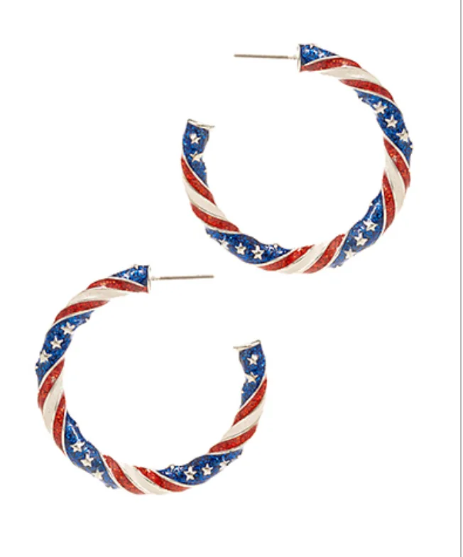 Silver Hoop Earrings-USA Flag Glitter Hoop Earrings