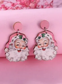 Gold Bead Earrings-Pink Wooden Santa Earrings