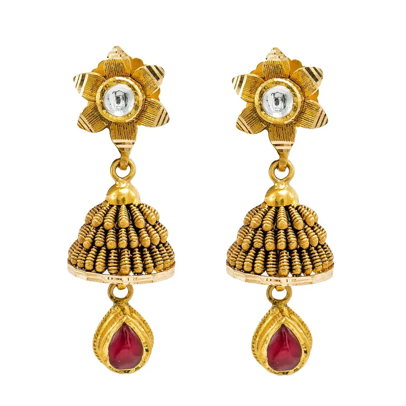 Gold Dangle Earrings-22K Yellow Gold Jhumki Drop Earrings W/ Ruby, Kundan, Flower Stud & Layered Antique Finish Drop