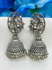 Turquoise Bead Earrings-Elegant Oxidized Silver Colored Flower Design Jhumka for Women