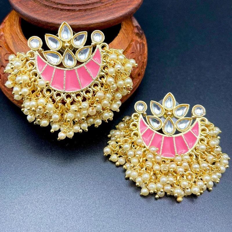 Silver Earrings for Weddings-Hand painted Kundan Meenakari Pearl Earrings