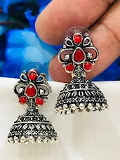 Crystal Drop Earrings-Fabulous Red Oxidized Beads Work Jhumka Earrings