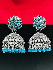 Wedding Earrings for Bride-Stunning Oxidized Sky Blue Color Beads Worked Jhumka Earrings