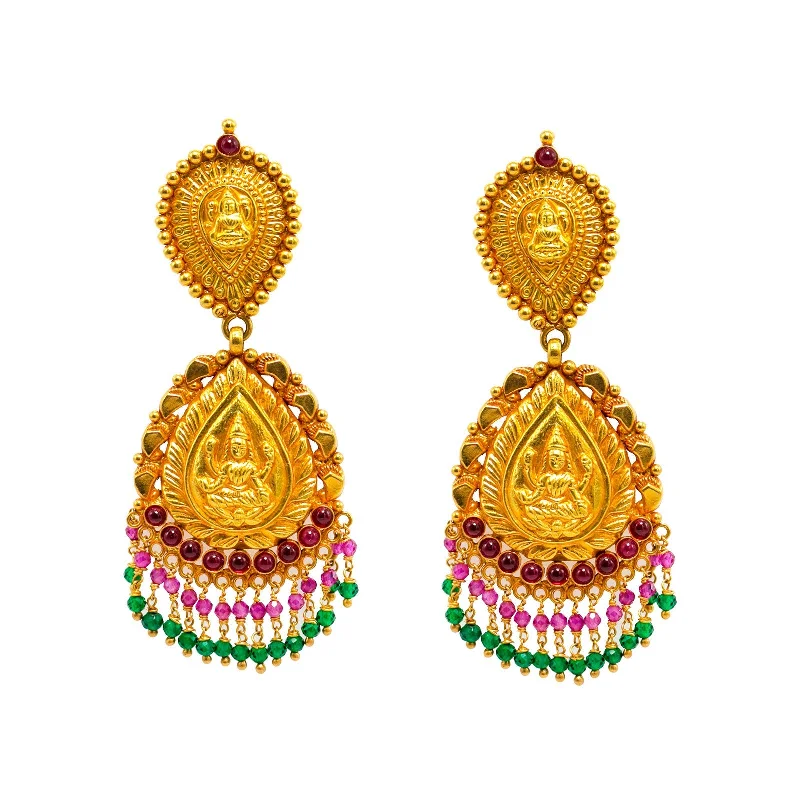 Gold Bead Earrings-22K Yellow Gold Earrings W/ Rubies, Emeralds & Laxmi Pendant