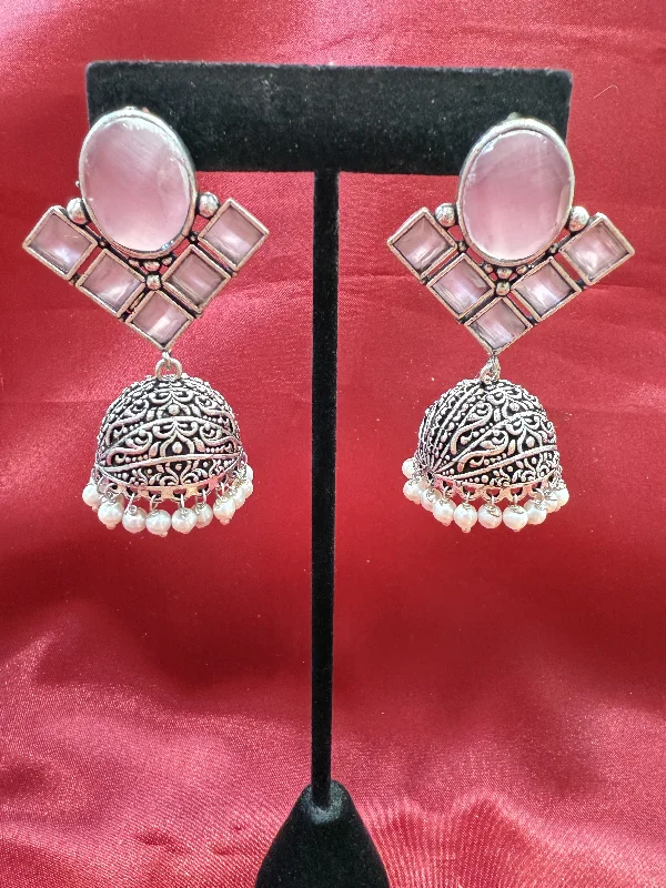 Chic Hoops for Women-Alluring Light Pink Stone Jhumka Designer Oxidized Earrings For Women