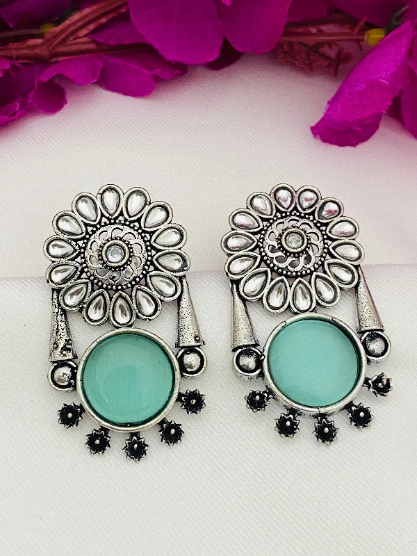 Luxury Gold Earrings-Elegant Light Blue Color Oxidized Flower And Round Designed Earrings