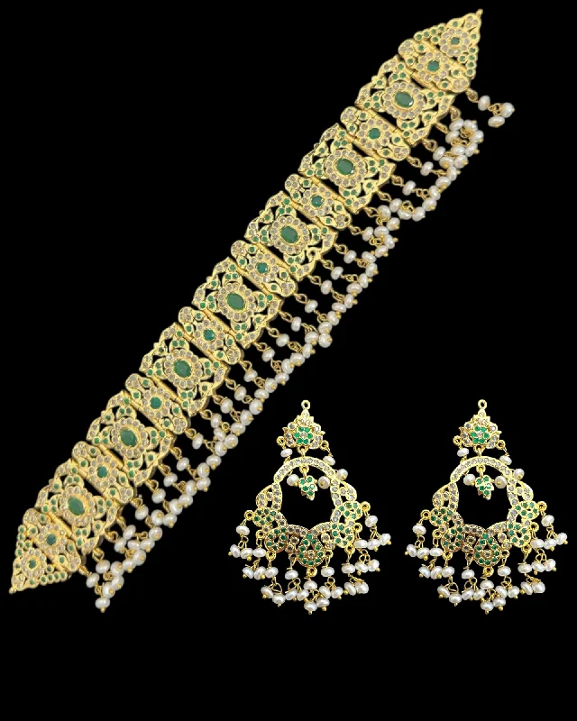 Bridal Earrings for Weddings-C544  Nishat fresh water pearl choker with earrings - Green ( READY TO SHIP )