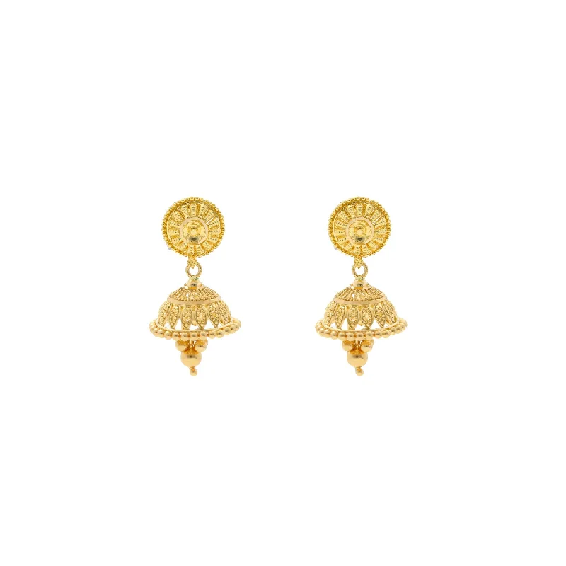 Bold Gemstone Earrings-22K Yellow Gold Jhumki Drop Earrings W/ Gold Ball Trim & Stud Flower Decal