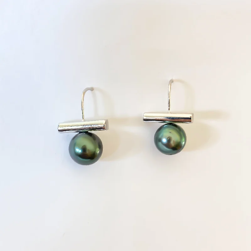 Silver Bead Drop Earrings-Tahitian Pearl Bar Earrings