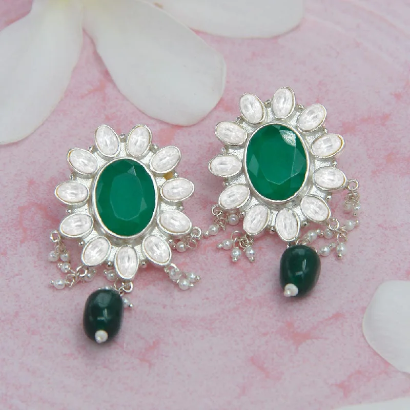 Modern Style Earrings-SILVER 92.5 GREEN KUNDAN EARRING