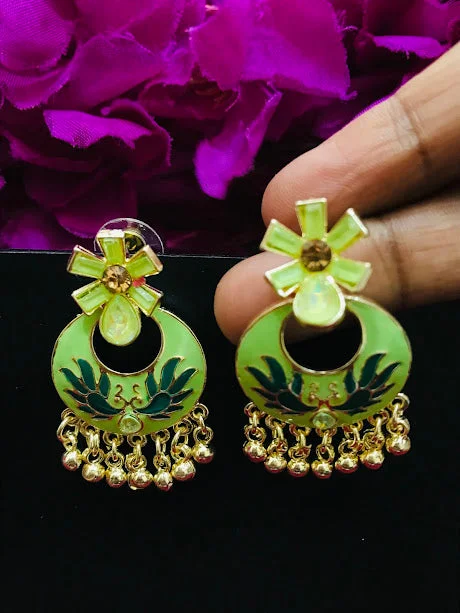 Silver Drop Earrings-Alluring Antique Gold Light Green Color Enameled Earrings For Women