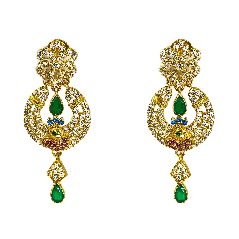 Birthstone Stud Earrings-22K Yellow Gold Earrings W/ Multi Color CZ & Emeralds on Hanging Peacock Pendant