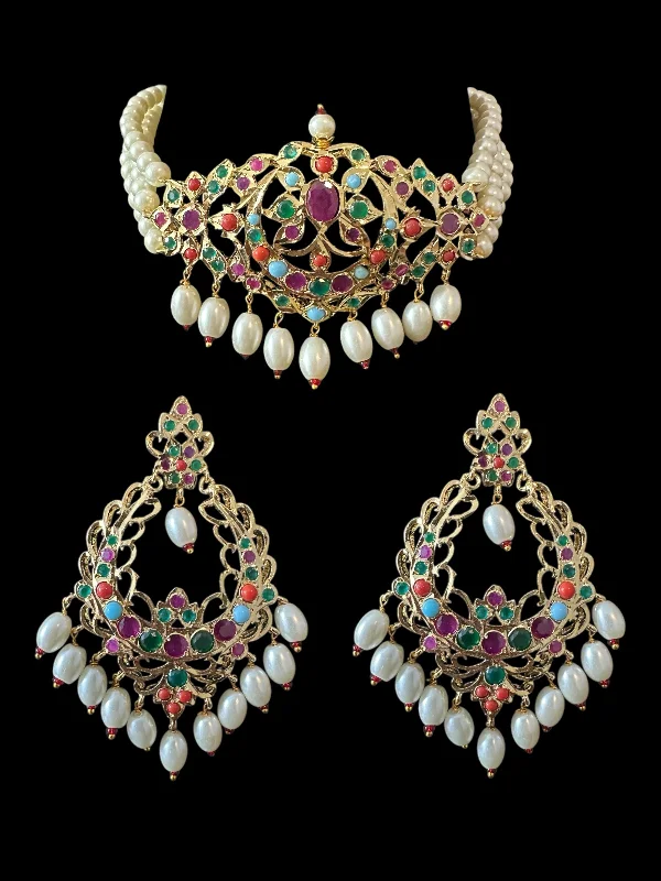 Green Jade Earrings-C533 Mushk choker with chandbali earrings in navratan ( READY TO SHIP )