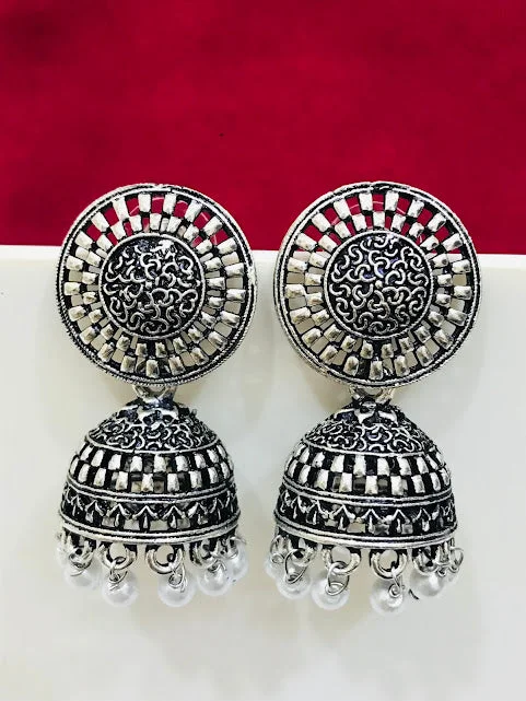 Elegant Statement Earrings-Pretty Oxidizes White Color Drop Design Jhumka Earrings For Women