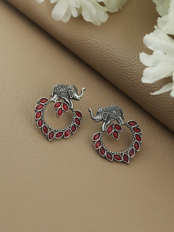 Unique Dangle Earrings-Oxidised Silver-Toned & Elephant Shaped Handcrafted Red Stone Studded Chandbalis